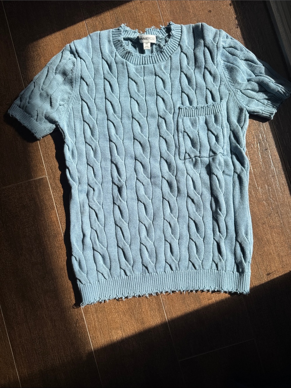 Minnie Rose Cable Knit Short-Sleeve Cotton Sweater - Light Blue